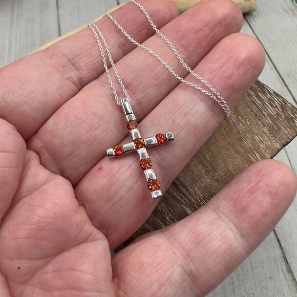 Garnet CZ Sterling Silver Cross Necklace - Picture 1 of 5